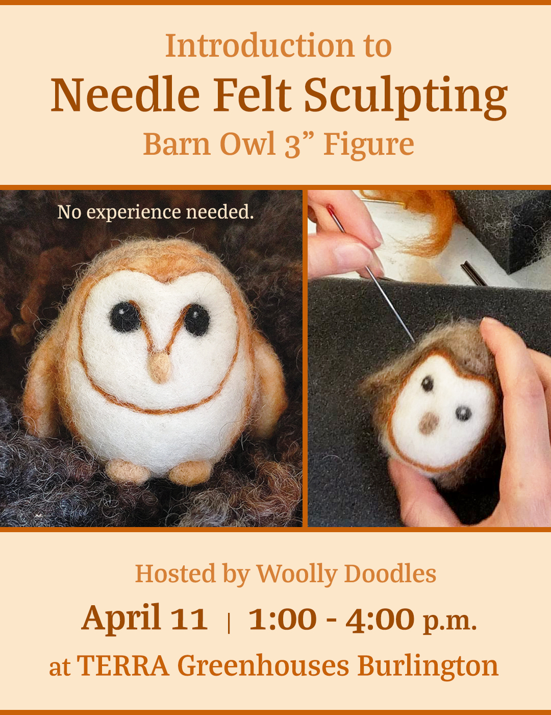 SOLD OUT Intro to Needle Felt Sculpting: Barn Owl at TERRA Burlington
