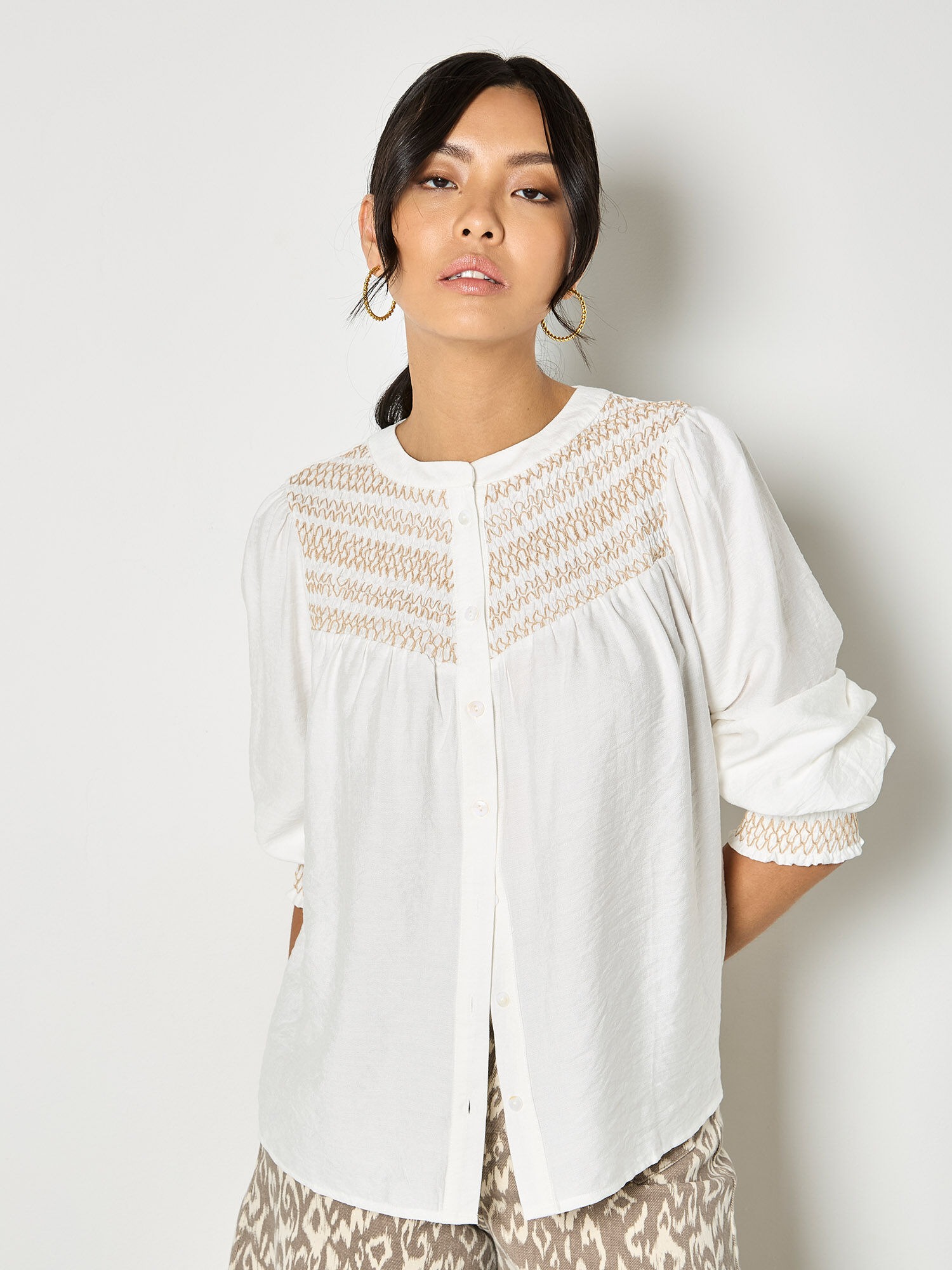 Apricot Wavy Embroidered Smocked Blouse