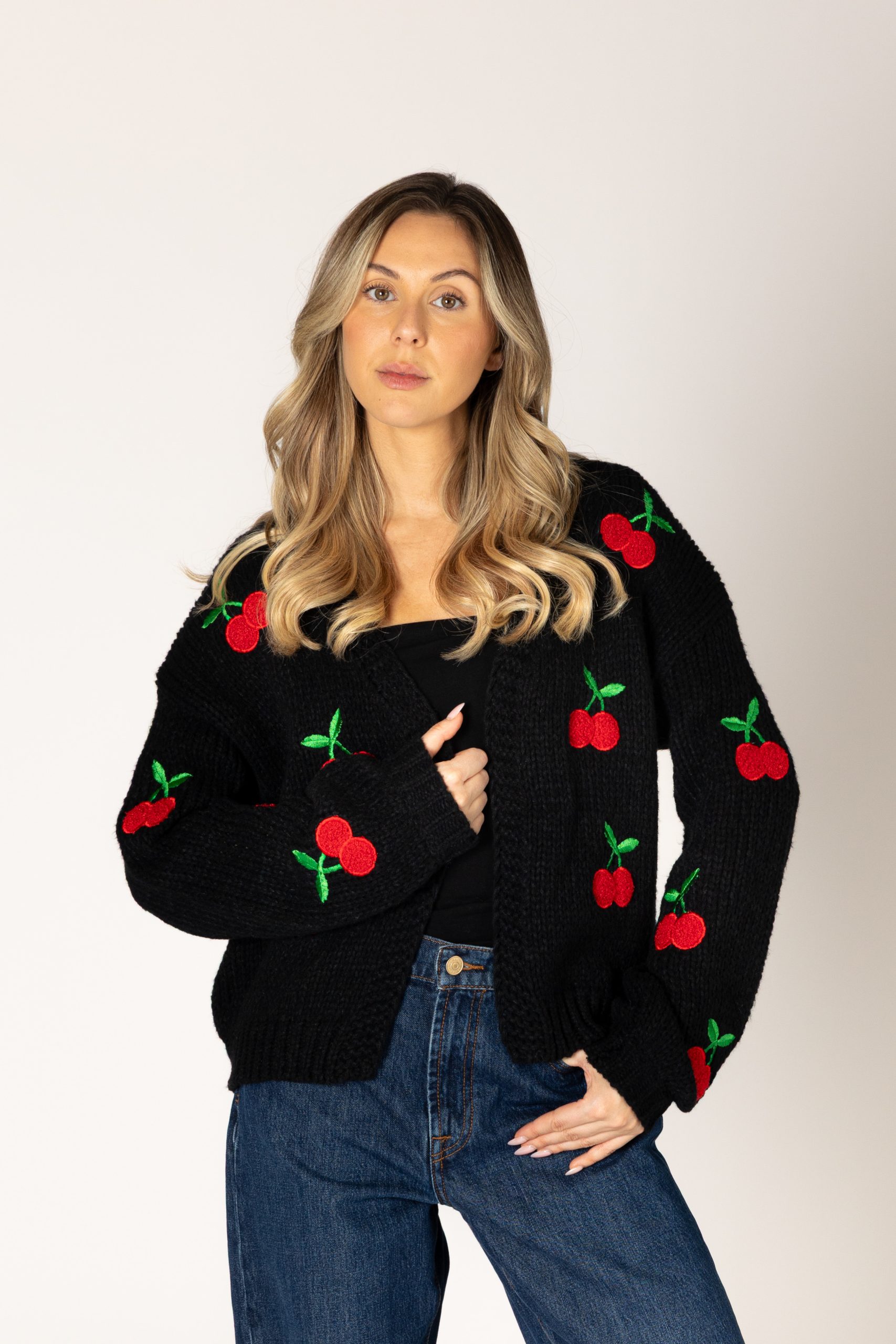Lyla & Luxe - Hand Knit Open Cherry Cardi